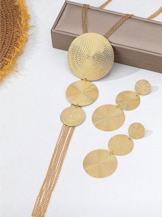 Jewelry - Gold Disc Drop Necklace and Earring Set - Elegant Women Jewelry